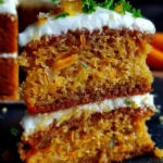 Slice of moist carrot layer cake with cream cheese frosting