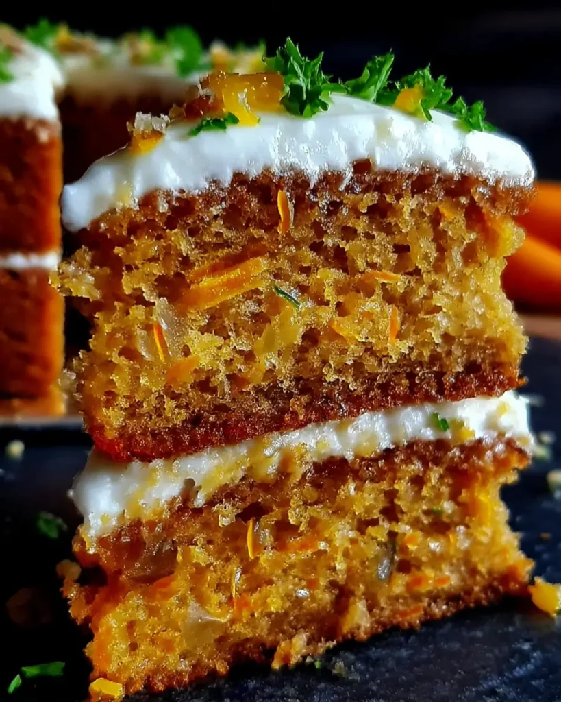 Slice of moist carrot layer cake with cream cheese frosting