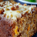 Close-up of moist carrot cake desserts with cream cheese frosting and chopped nuts