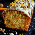 Slice of easy carrot cake loaf with cream cheese frosting and chopped nuts
