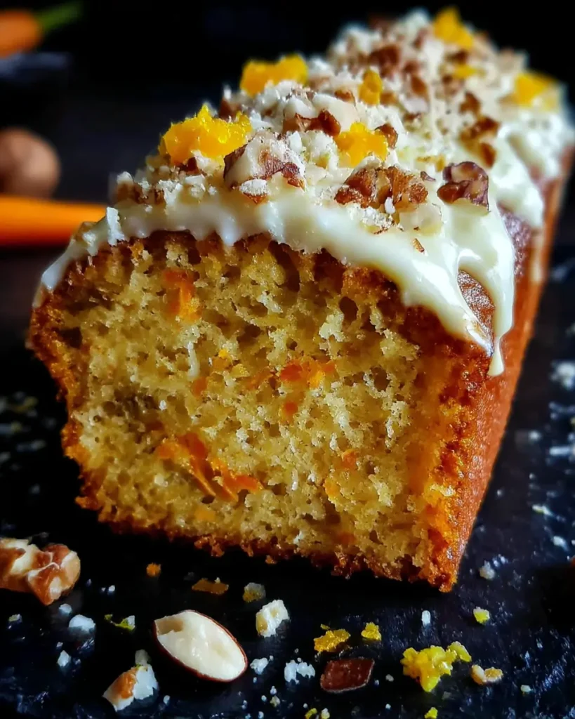Slice of easy carrot cake loaf with cream cheese frosting and chopped nuts