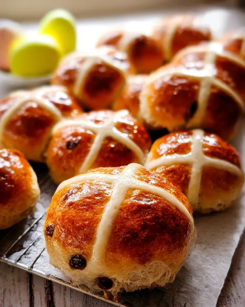 Fluffy hot cross buns with golden brown tops and pale crosses arranged on a serving tray