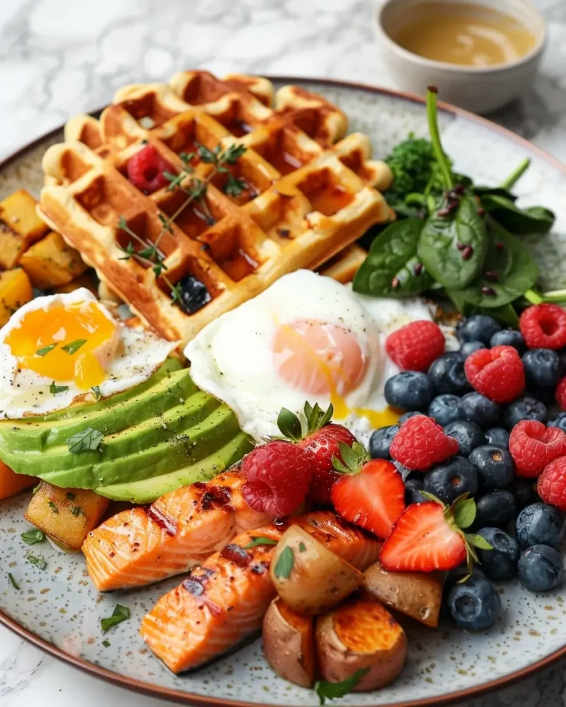 healthy mother’s day brunch ideas with waffles eggs avocado berries greens and fruit