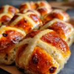 Close-up of glossy homemade hot cross buns with golden brown tops and traditional crosses