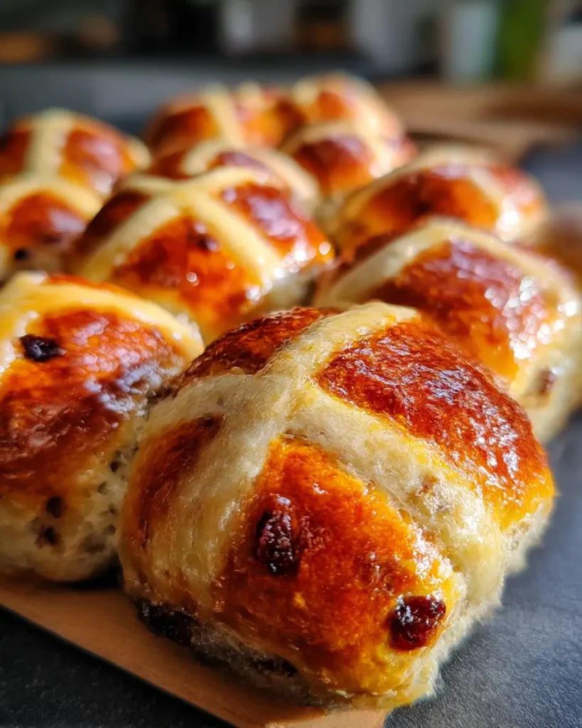 Close-up of glossy homemade hot cross buns with golden brown tops and traditional crosses