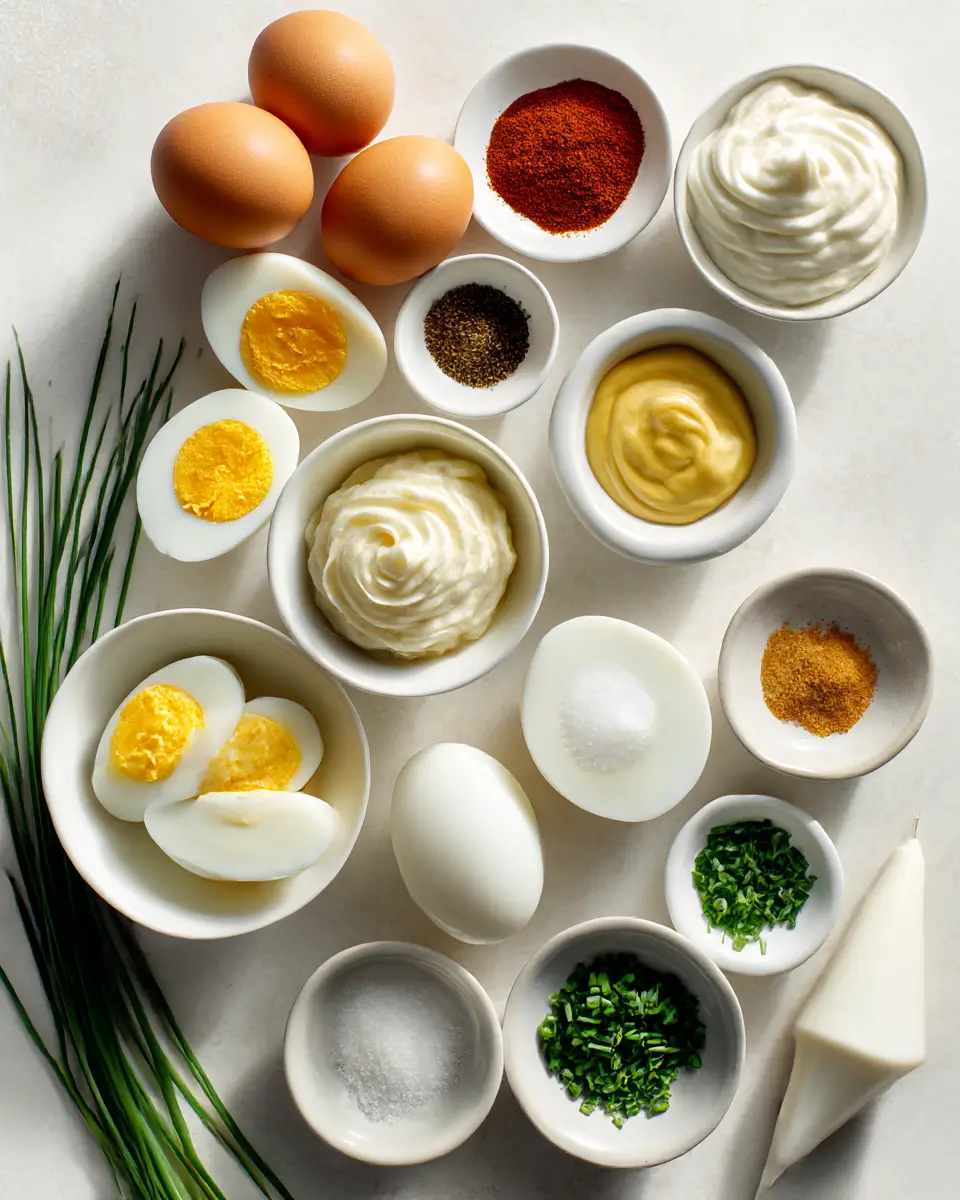 ingredients for a deviled eggs recipe arranged in small bowls on a light surface