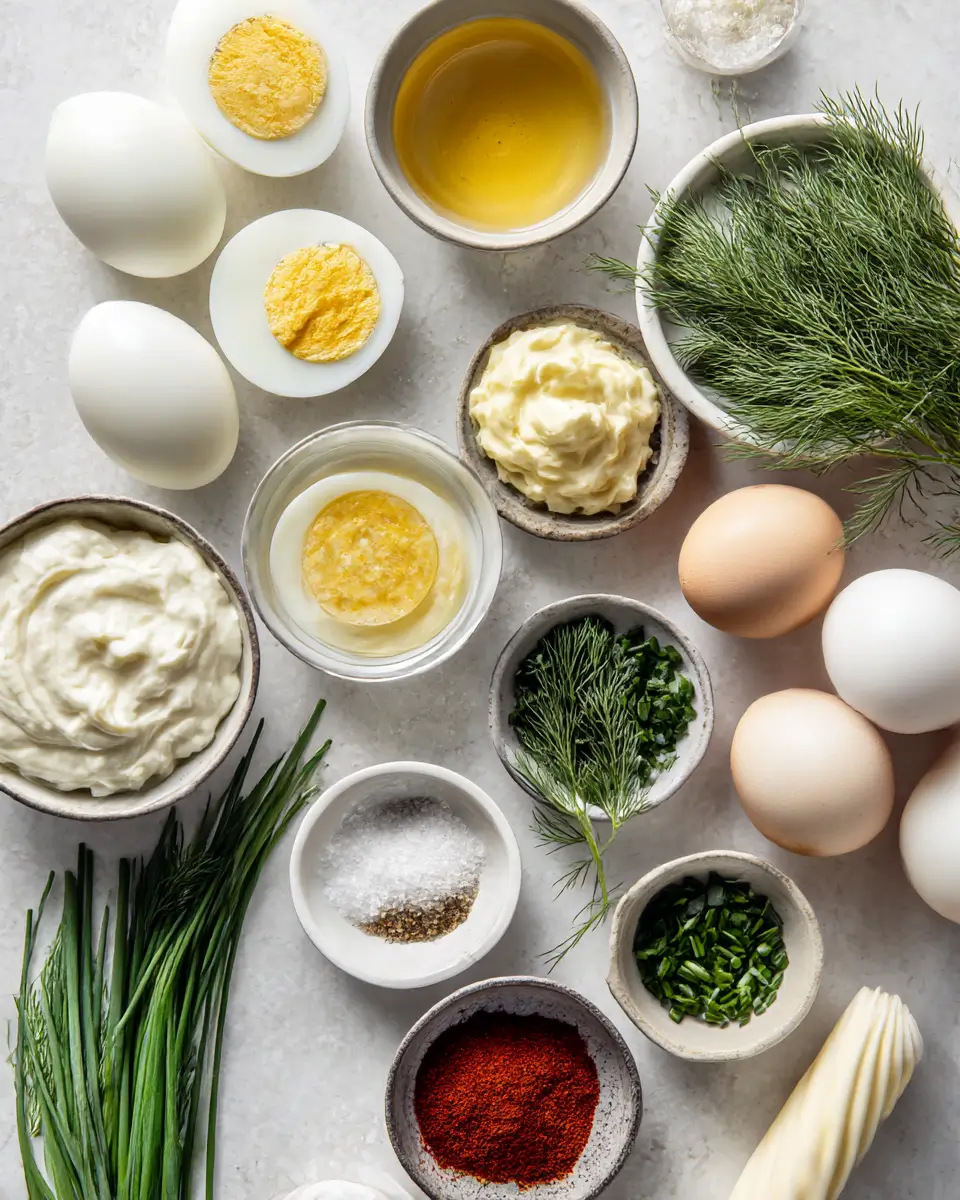 ingredients for fancy deviled eggs arranged neatly with chives and paprika