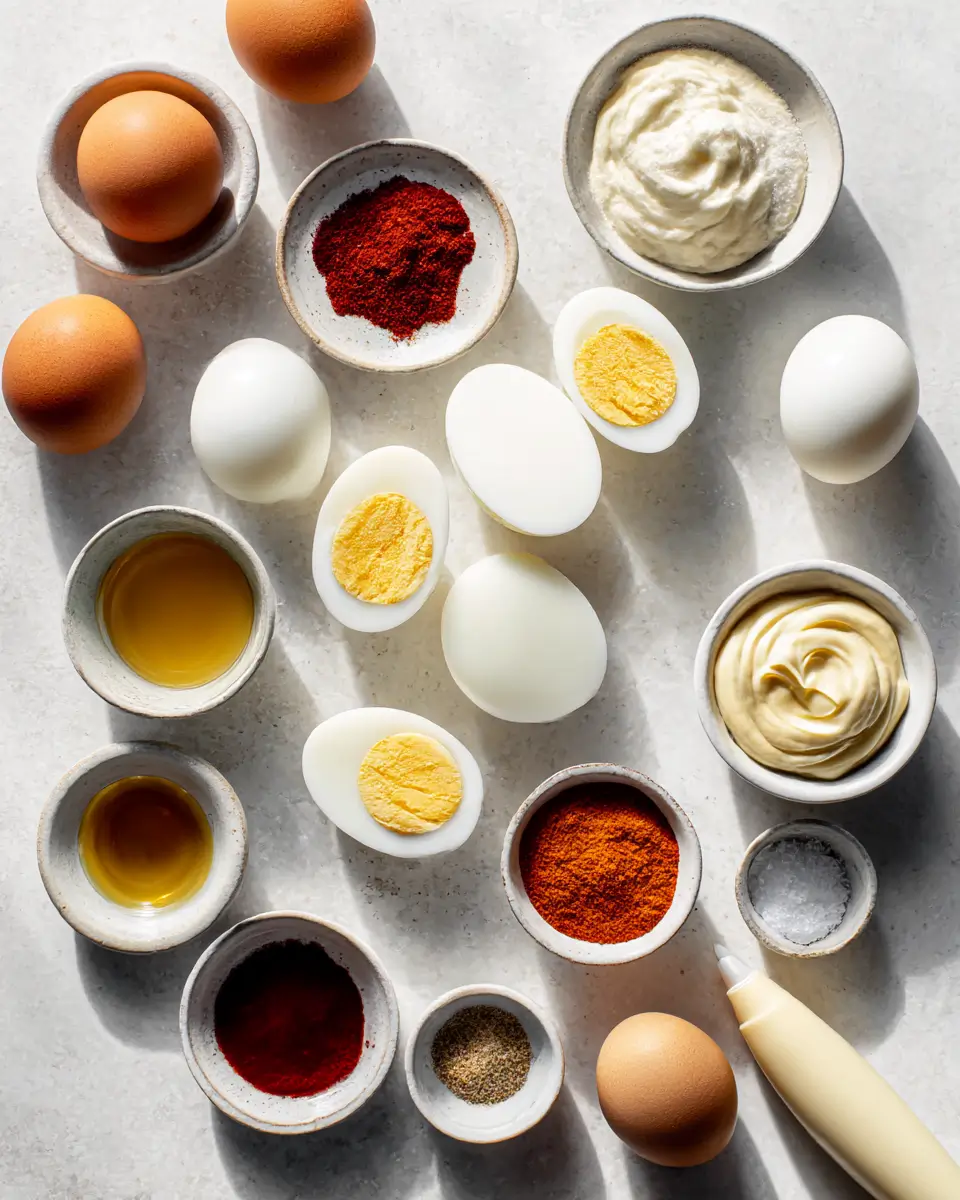 ingredients for a unique deviled eggs recipe arranged in small bowls on a light surface
