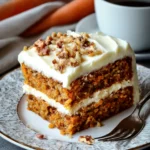 Slice of moist carrot cake recipe with cream cheese frosting and chopped nuts on a plate beside coffee