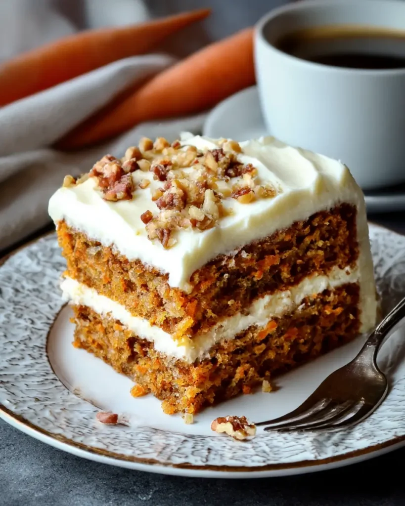 Slice of moist carrot cake recipe with cream cheese frosting and chopped nuts on a plate beside coffee