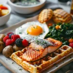 Mother’s Day brunch board with waffles, fried egg, roasted potatoes, fresh berries, greens, and dipping sauce