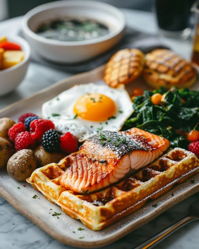 Mother’s Day brunch board with waffles, fried egg, roasted potatoes, fresh berries, greens, and dipping sauce