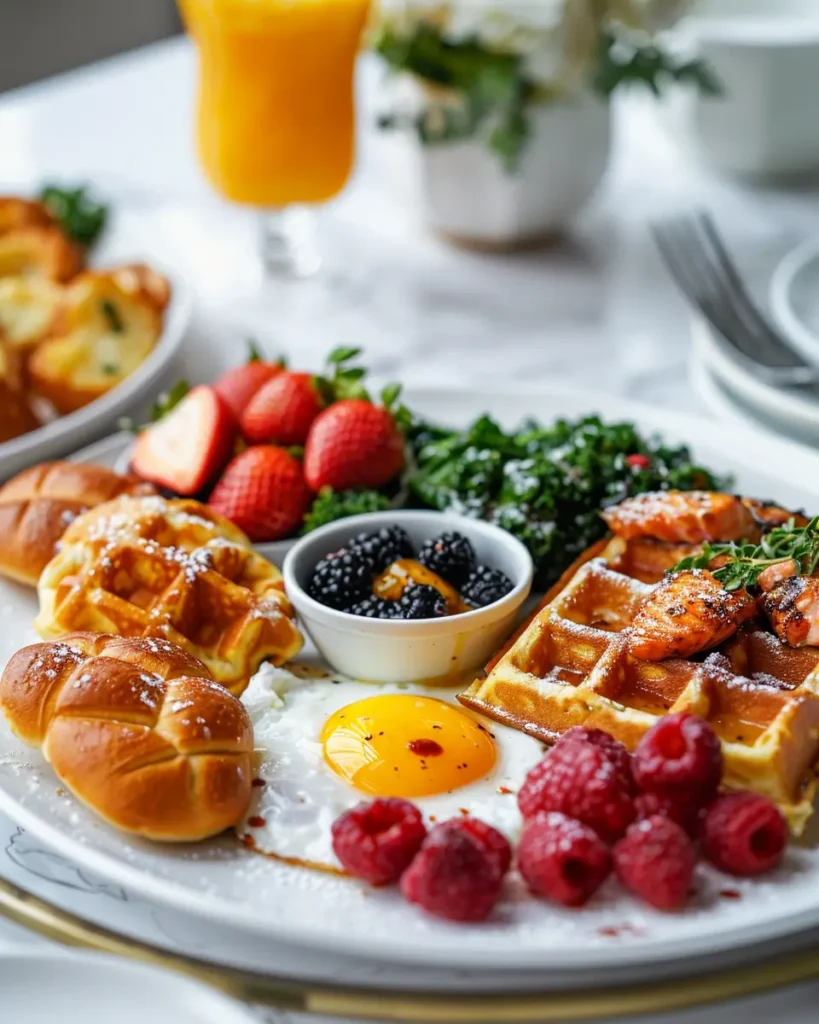 mother’s day brunch ideas for a crowd with waffles, fried egg, berries, greens, fruit, and brunch sides