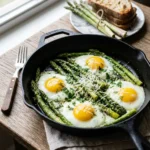 Asparagus and Eggs (Simple, Balanced, and Perfectly Cooked) 2 asparagus and eggs skillet with runny yolks and garlic