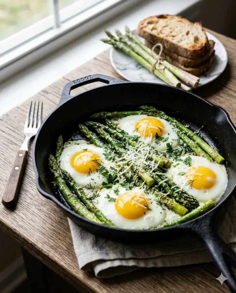 asparagus and eggs skillet with runny yolks and garlic