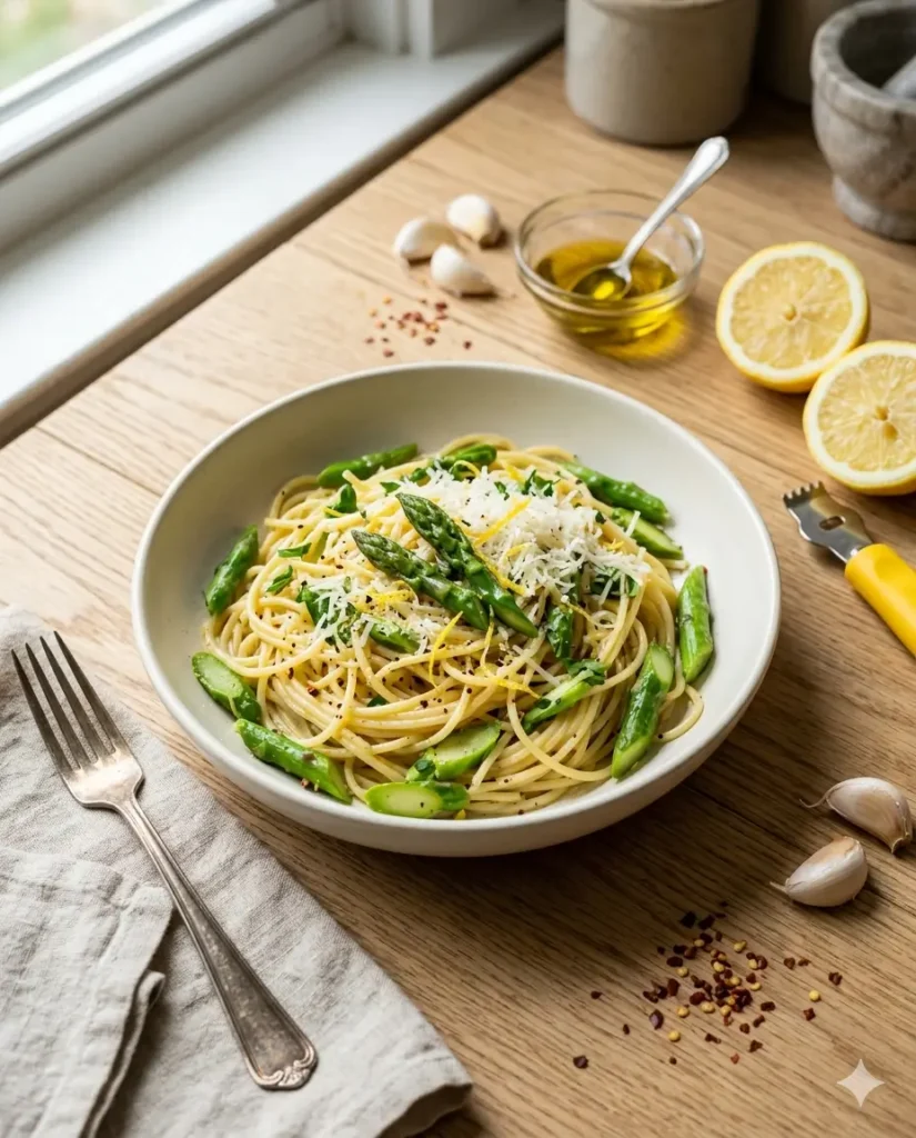 asparagus and pasta with lemon garlic and parmesan