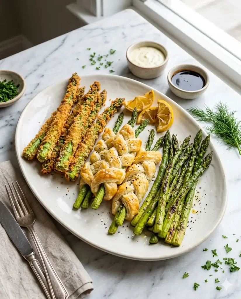 asparagus appetizers with crispy coating and puff pastry bites