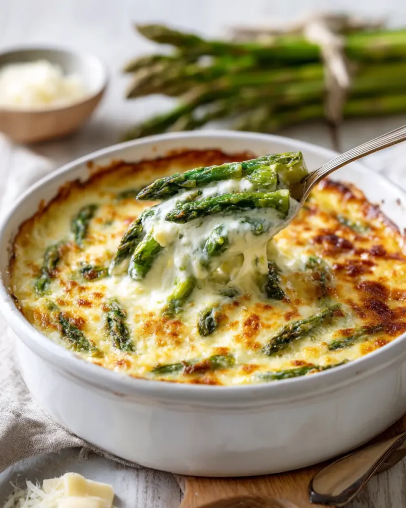 asparagus casserole with creamy cheese and golden baked topping