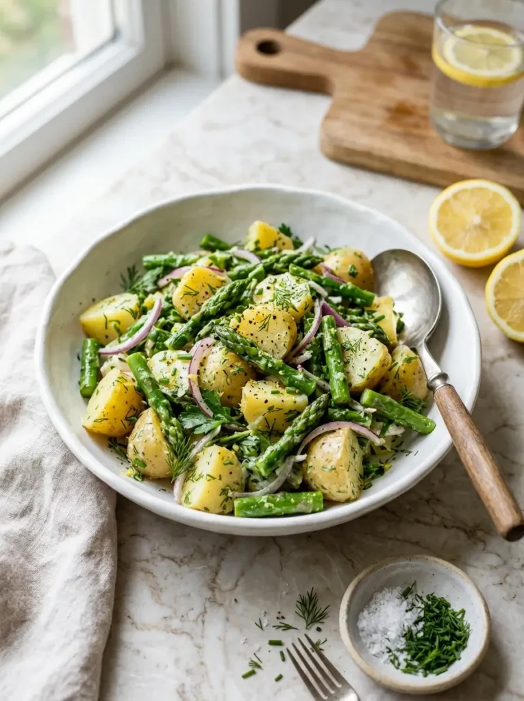 asparagus potato salad with creamy dressing and fresh herbs