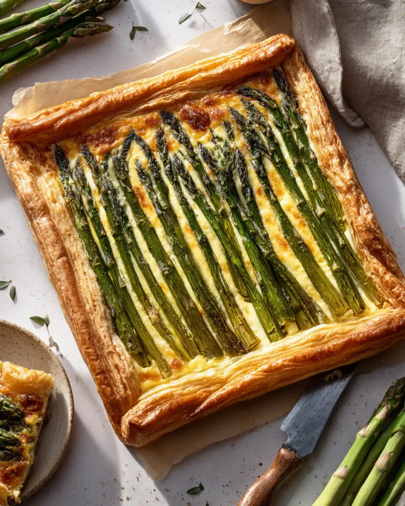 asparagus puff pastry tart with flaky crust and creamy cheese