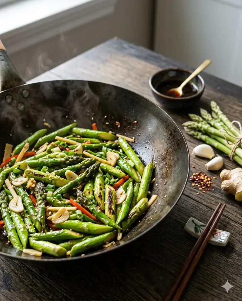asparagus stir fry with garlic ginger and glossy sauce
