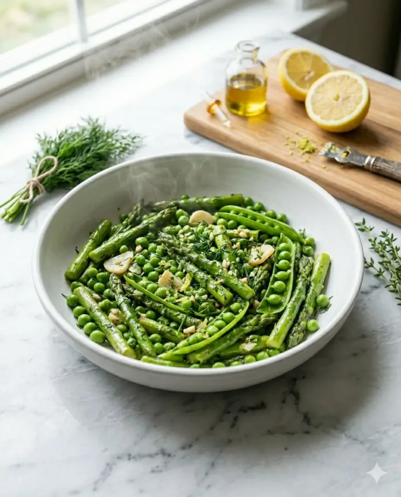 asparagus with peas sautéed with garlic and lemon