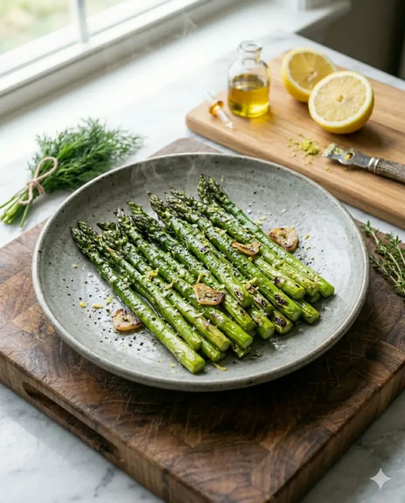 blistered asparagus with charred edges and garlic