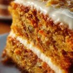 close-up slice of carrot cake recipe with cream cheese frosting and visible carrot crumb