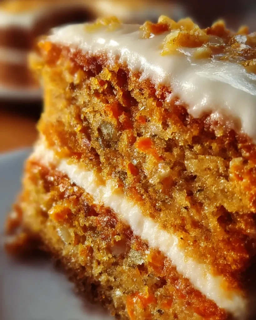 close-up slice of carrot cake recipe with cream cheese frosting and visible carrot crumb