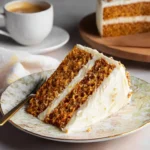 Slice of homemade carrot cake with cream cheese frosting on a floral plate beside a cup of coffee