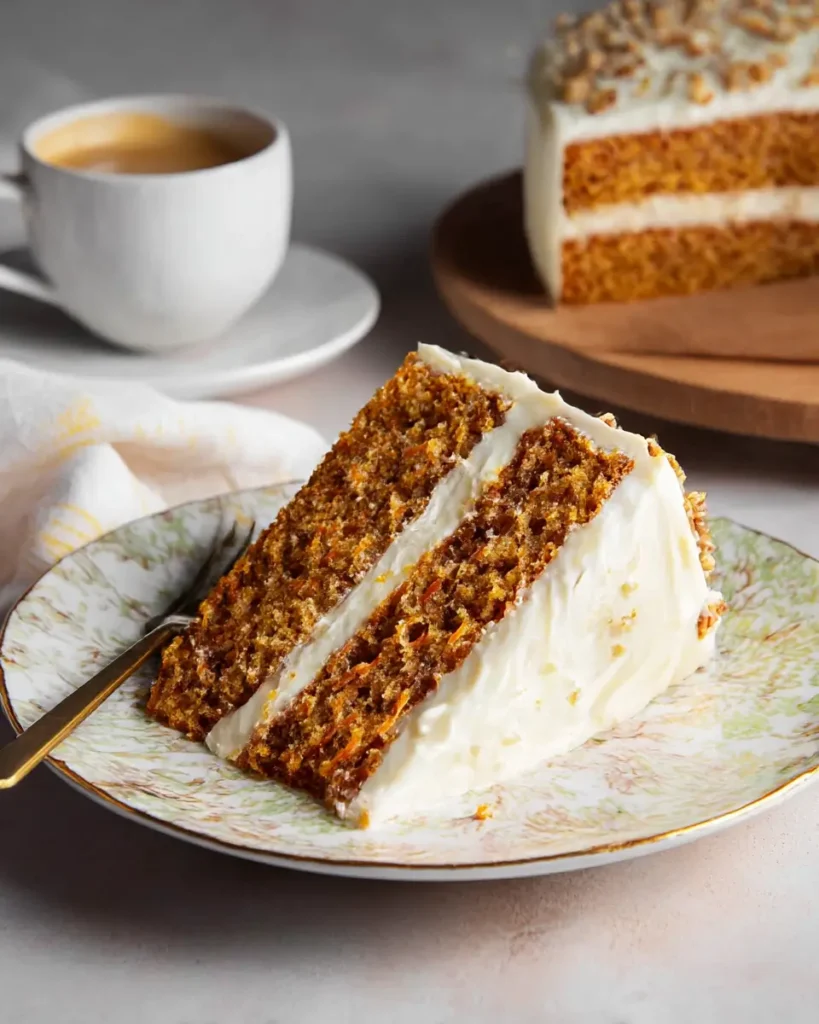Slice of homemade carrot cake with cream cheese frosting on a floral plate beside a cup of coffee