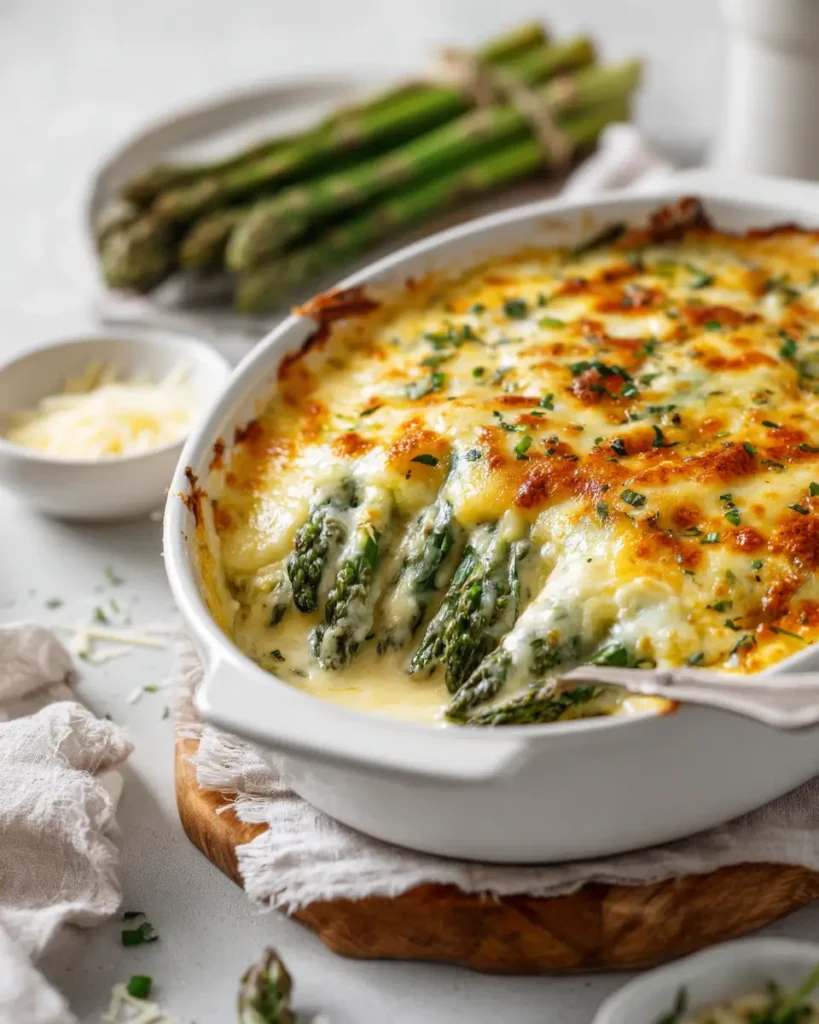 cheesy asparagus bake with melted golden cheese and creamy texture