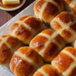 classic hot cross buns with glossy tops on parchment beside a small dish of butter