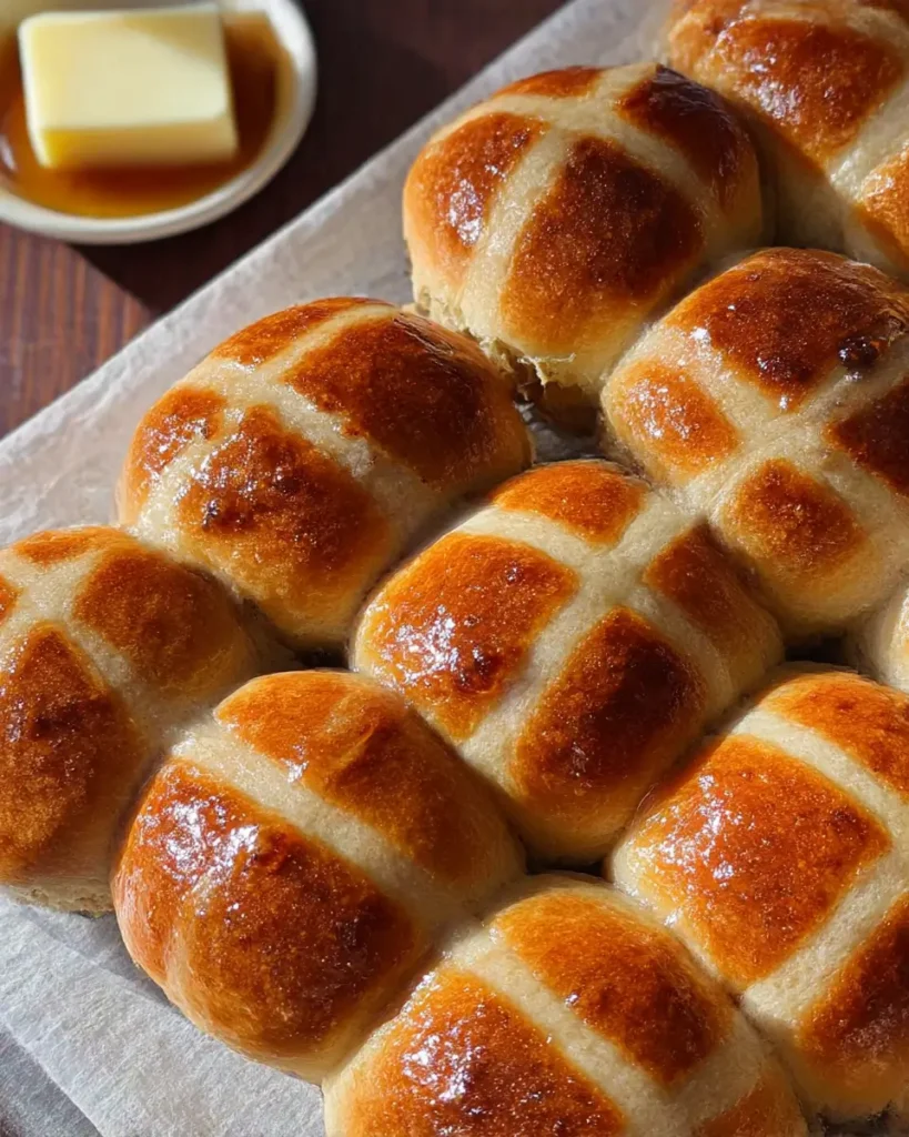 classic hot cross buns with glossy tops on parchment beside a small dish of butter