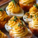 deviled egg flight platter with seven flavored deviled egg variations on a serving board