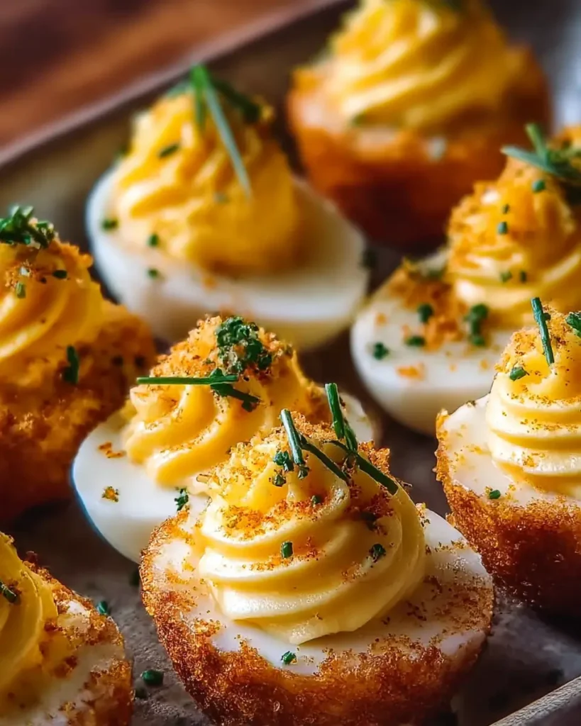 deviled egg flight platter with seven flavored deviled egg variations on a serving board