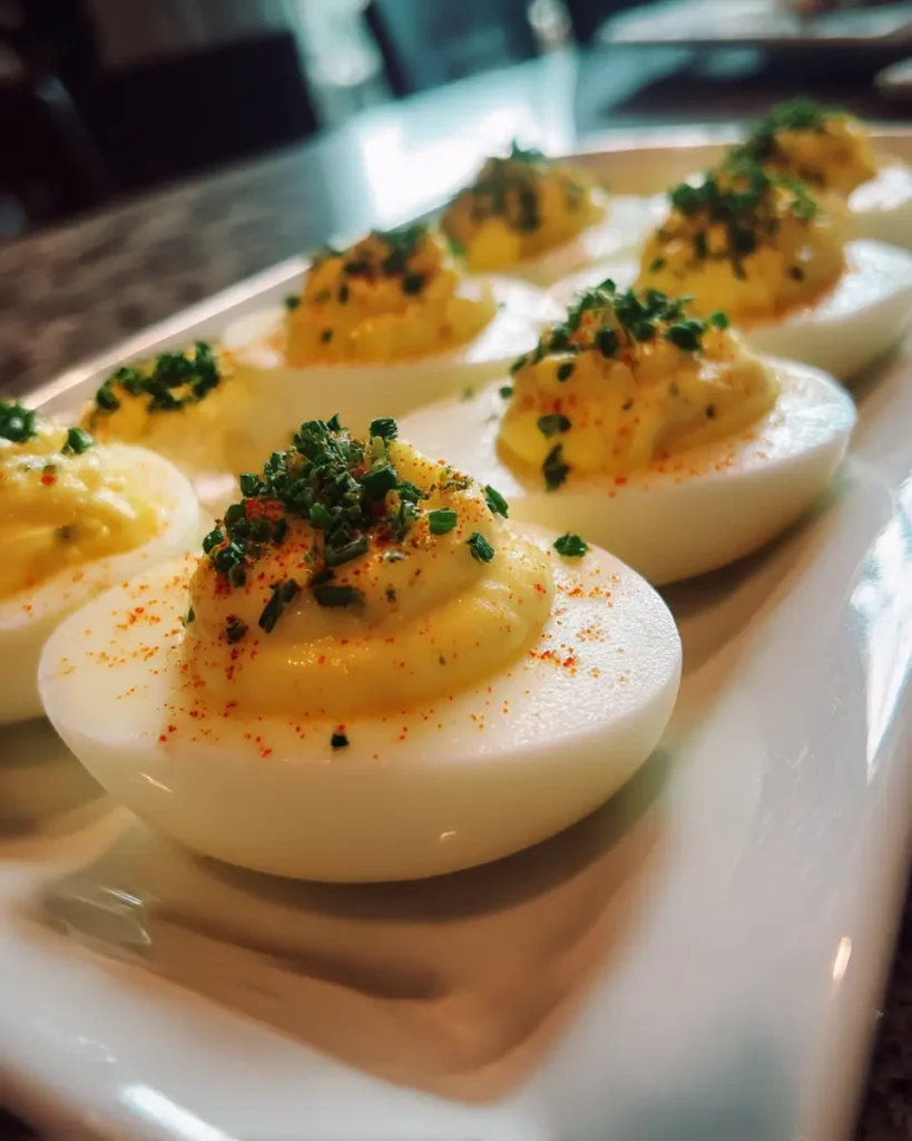 deviled eggs recipe with creamy filling paprika and chives on a white platter