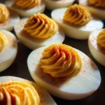 fancy deviled eggs with creamy piped filling paprika and chives on a blue plate