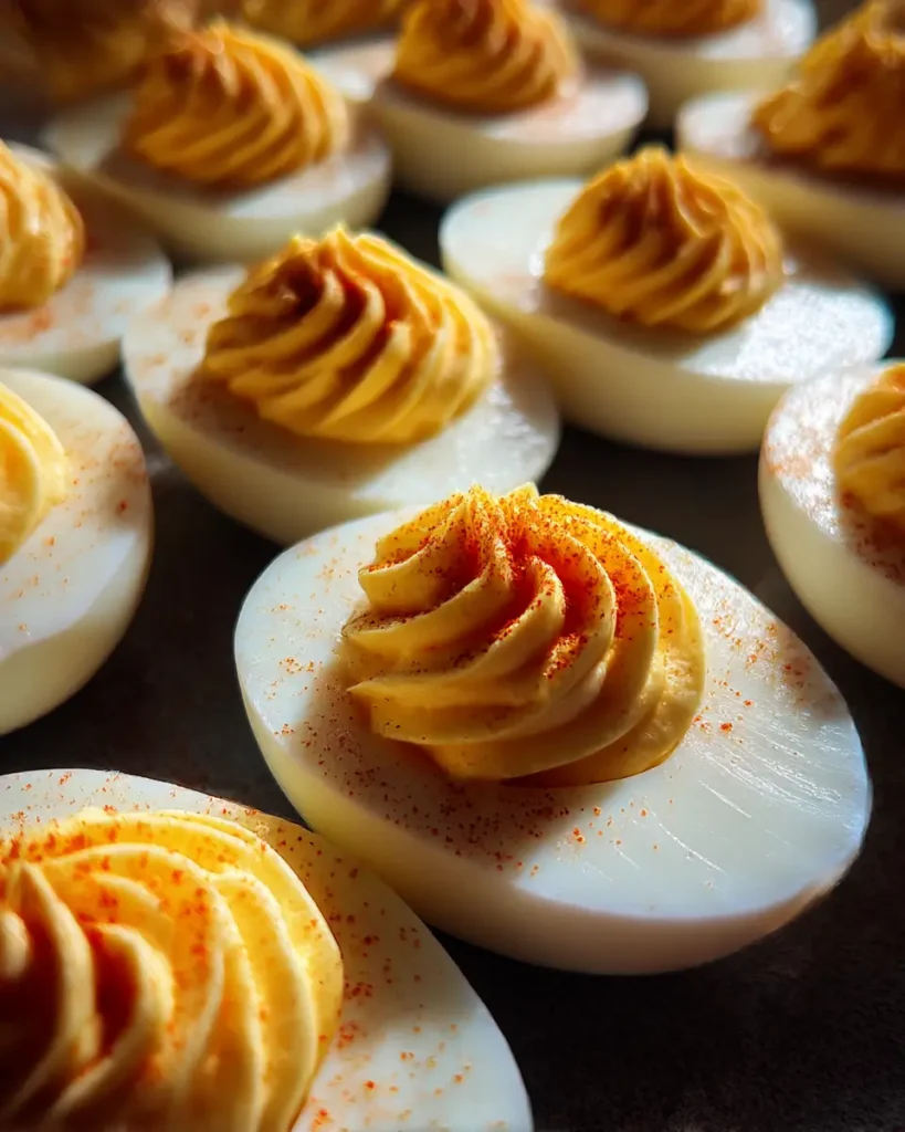 fancy deviled eggs with creamy piped filling paprika and chives on a blue plate
