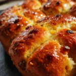 homemade hot cross buns baked until golden brown with glossy tops and piped crosses