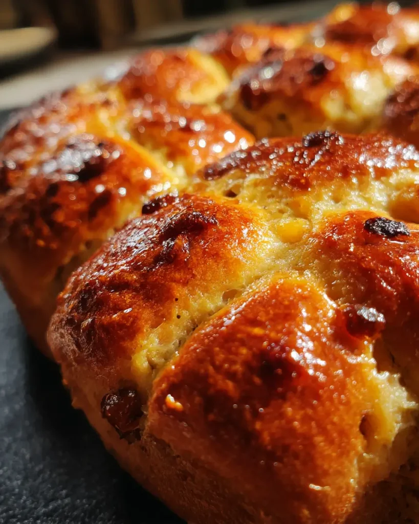 homemade hot cross buns baked until golden brown with glossy tops and piped crosses