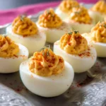 unique deviled eggs recipe with creamy smoked filling and microgreens on a serving plate