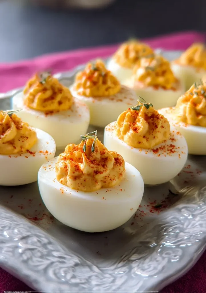 unique deviled eggs recipe with creamy smoked filling and microgreens on a serving plate