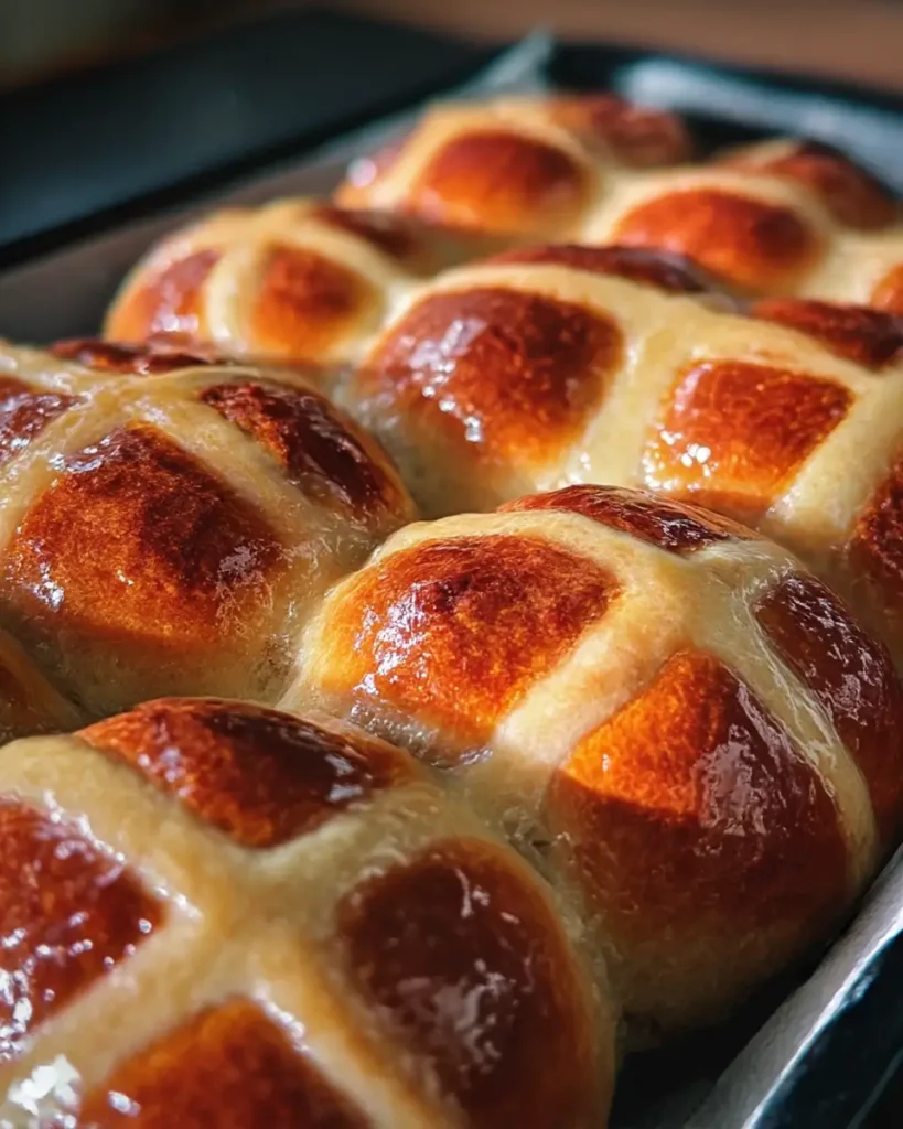 soft hot cross buns with glossy tops and classic crosses in a baking pan