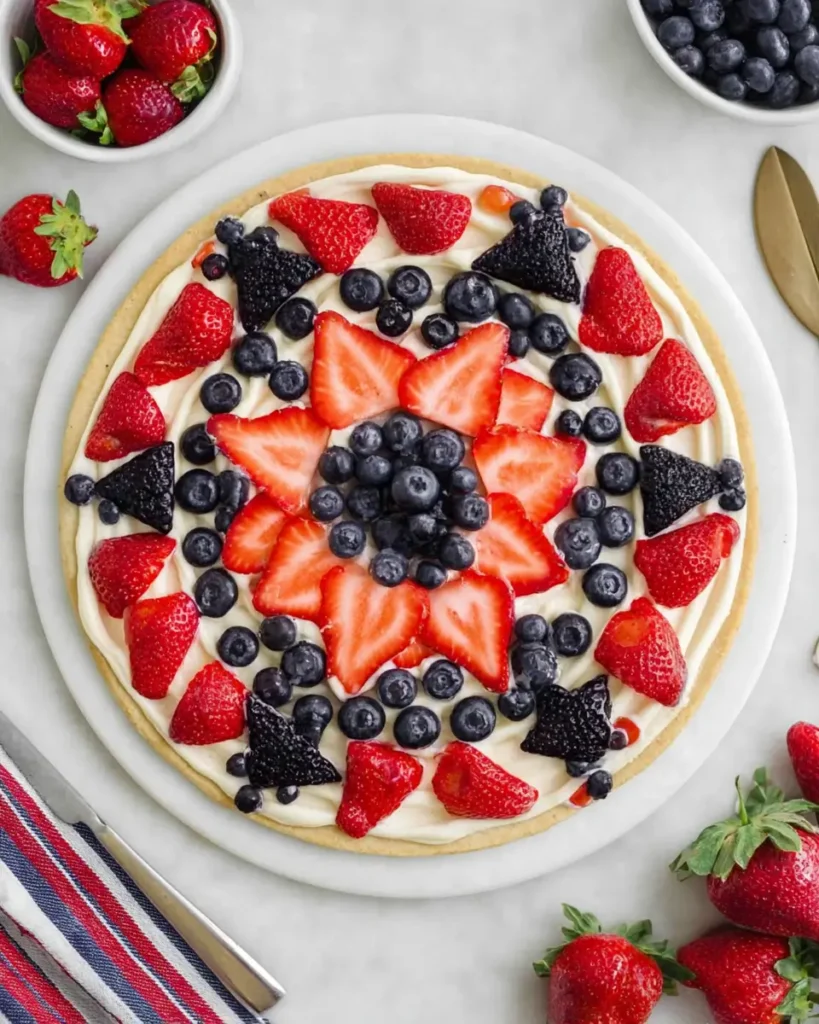 4th of July Fruit Pizza topped with strawberries, blueberries, and cream cheese frosting