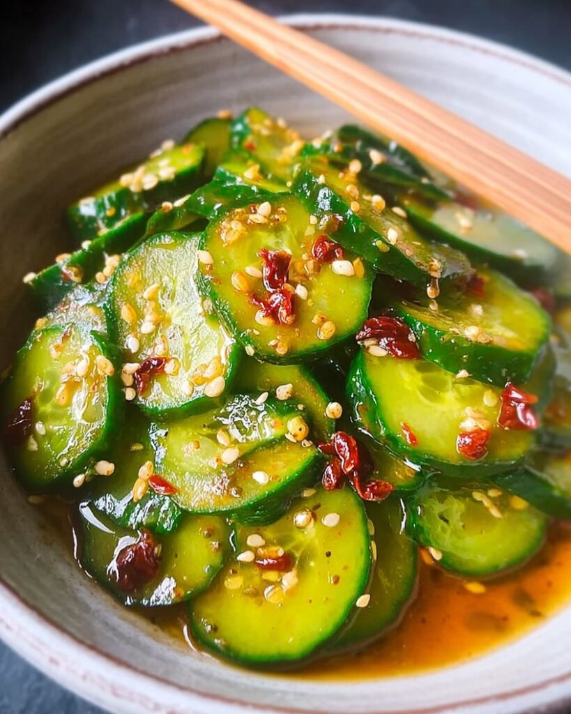A bowl of Asian cucumber salad with sliced cucumbers in a glossy spicy dressing, topped with sesame seeds and red chili pieces, with chopsticks resting on the bowl.