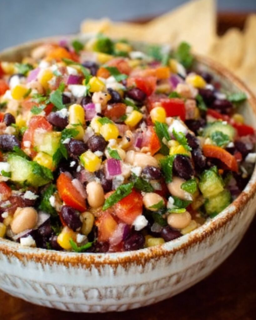 A bowl of cowboy caviar filled with black beans, corn, diced peppers, onion, cucumber, and herbs, with tortilla chips in the background.