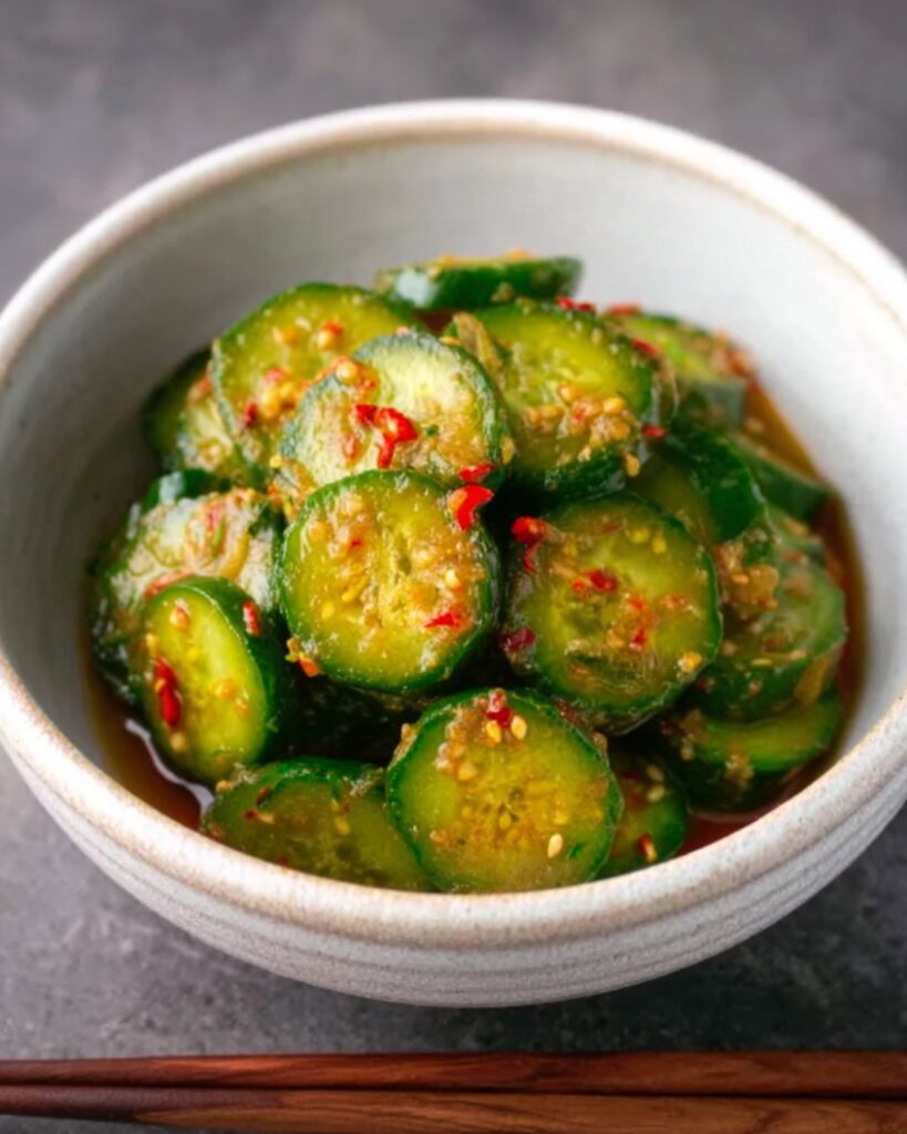 A bowl of Korean cucumber salad with sliced cucumbers in a glossy spicy dressing, sprinkled with sesame seeds and red chili pieces.