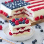 American Flag Cake for 4th of July decorated with blueberries and raspberries
