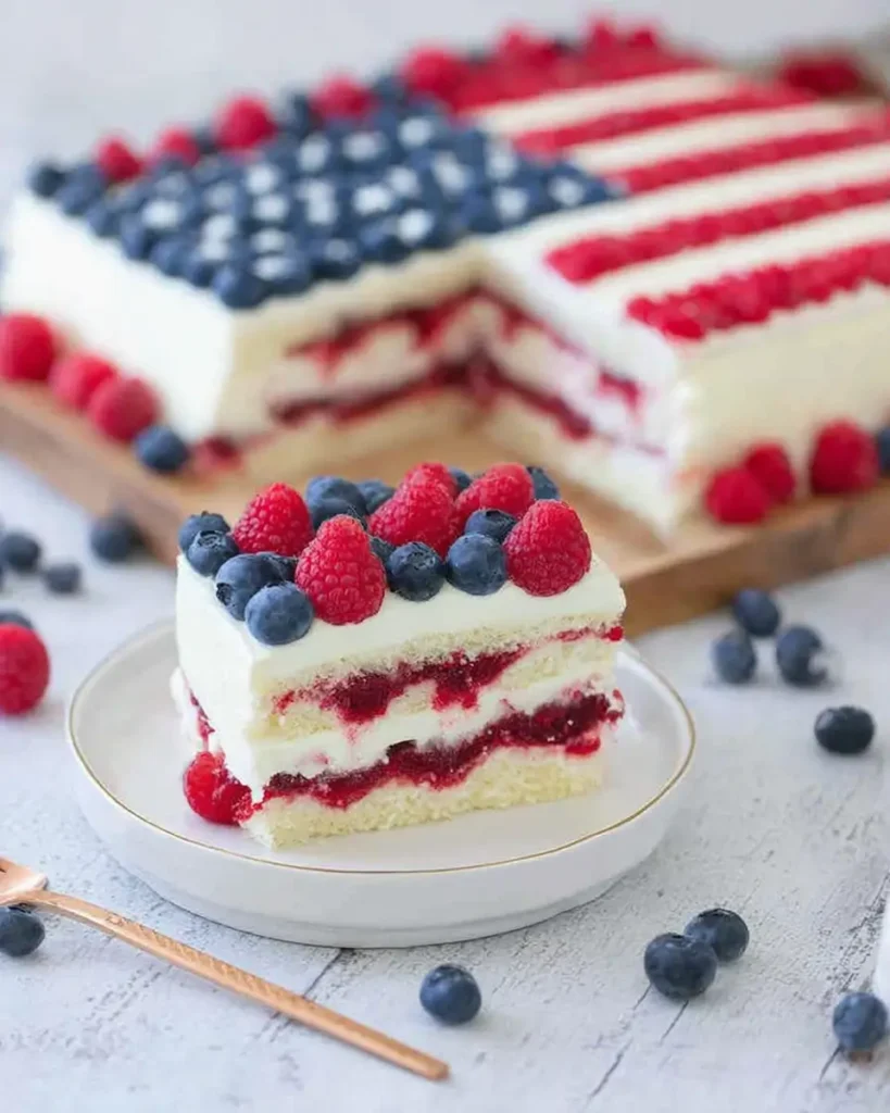 American Flag Cake for 4th of July decorated with blueberries and raspberries